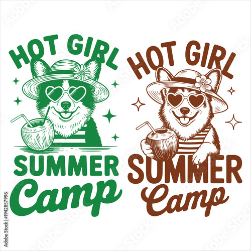 Two corgi dogs in summer outfits with coconut drinks side by side