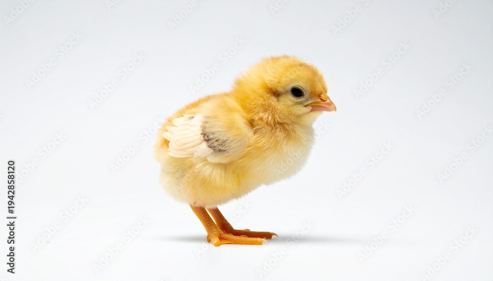 Obraz premium Fluffy yellow chick on white background