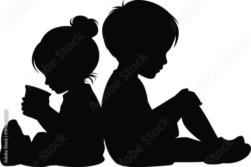 Black silhouette of a young boy and girl sitting back to back for childhood friendship, sibling bond, early education, and preschool growth concepts
