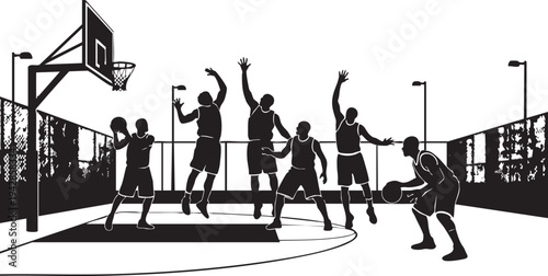A group of people playing basketball on an outdoor court isolated on transparent background, Vector