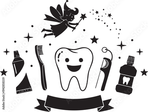 A cartoon tooth with a fairy and dental hygiene items isolated on transparent background, Vector