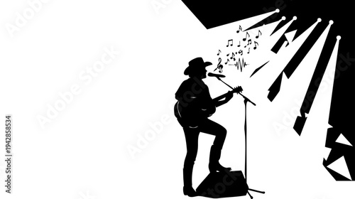 A musician performs on stage with a guitar and microphone isolated on transparent background, Vector