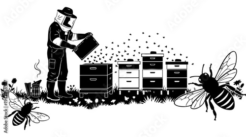 Beekeeper inspecting beehives with smoke and bees around isolated on transparent background, Vector