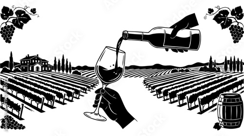 Wine pouring into a glass in a vineyard isolated on transparent background, Vector