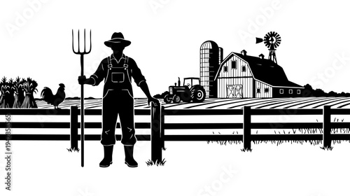 A farmer stands in front of a farm isolated on transparent background, Vector
