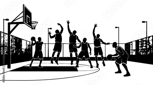 A group of people playing basketball on an outdoor court isolated on transparent background, Vector