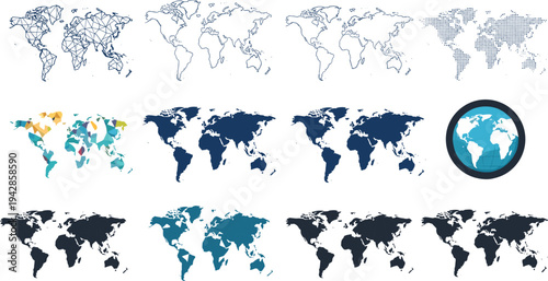 Set of world map icons featuring various styles including low poly dotted outline and solid silhouettes for global business and travel design.