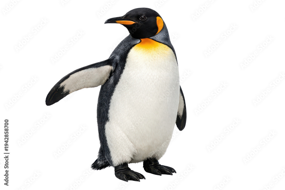 Obraz premium Majestic King Penguin standing upright with black and white feathers, vibrant orange-yellow neck patch, and black beak, captured in a clear, isolated studio shot. isolated PNG with Transparent