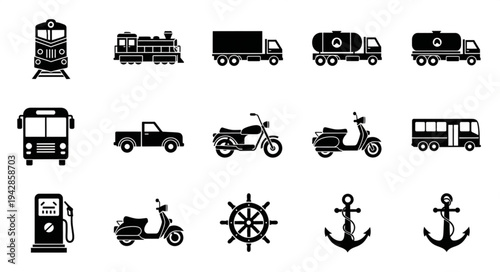 Set of black and white transportation icons including various vehicles and related symbols.