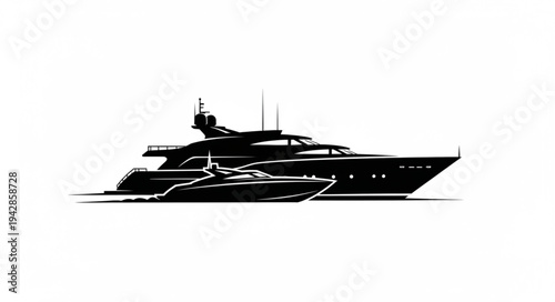 Luxury motor yacht and speed boat in silhouette.