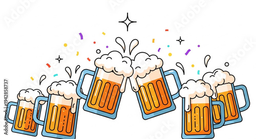 Illustration of six beer mugs toasting with foamy beer inside.