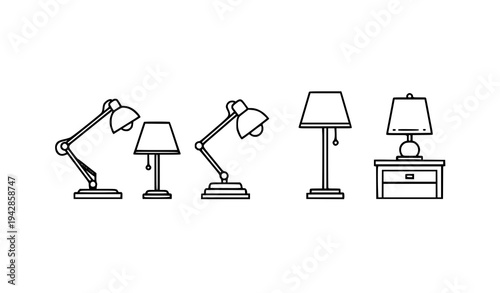 Black and white lamp collection vector set table desk and floor lamp outline icons