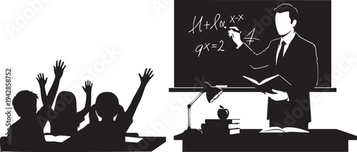 A teacher in a classroom giving a lesson to students isolated on transparent background, Vector