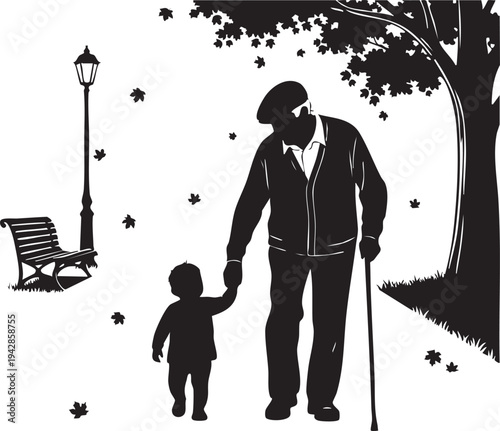 A silhouette of an old man and a child walking hand in hand isolated on transparent background, Vector