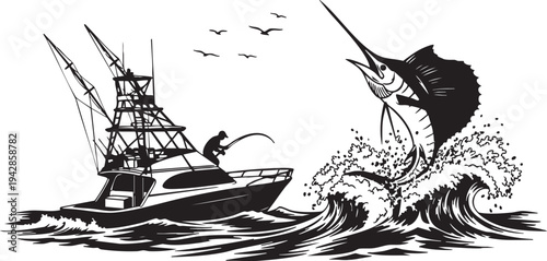A man on a boat catches a huge marlin fish isolated on transparent background, Vector