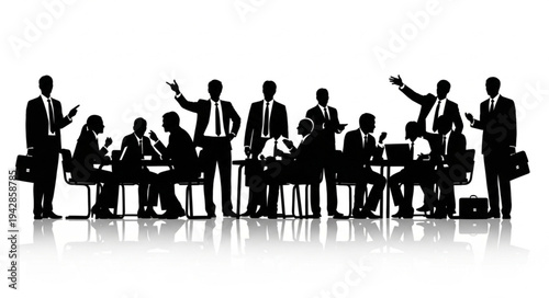 Silhouettes of business people in a meeting discussing strategies and plans.