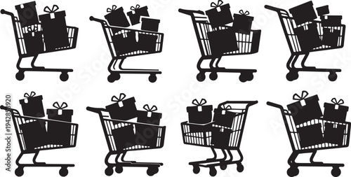 Shopping Carts with Gifts and Presents Icon Set