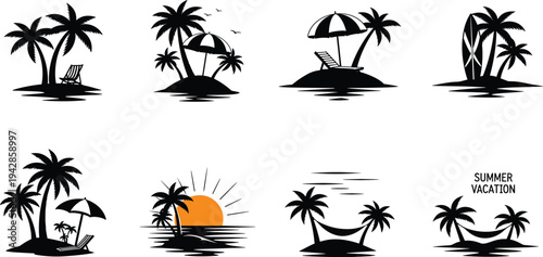 Tropical Beach Island Silhouettes with Palm Trees Summer Vacation Vector Set