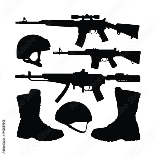 Military Gear Silhouettes on White Background army