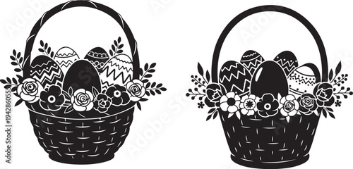 Easter basket with eggs and flowers in black and white