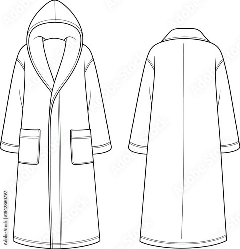 Fashion technical sketch of a hooded bathrobe with long sleeves and front pockets, ideal for loungewear design and template creation.