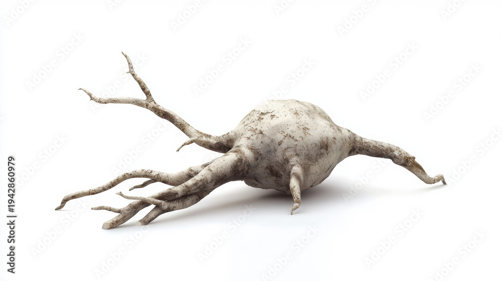 Fototapeta premium An odd looking root vegetable with multiple spindly tendrils lies horizontally against a plain white backdrop, revealing intricate textures and organic shapes.