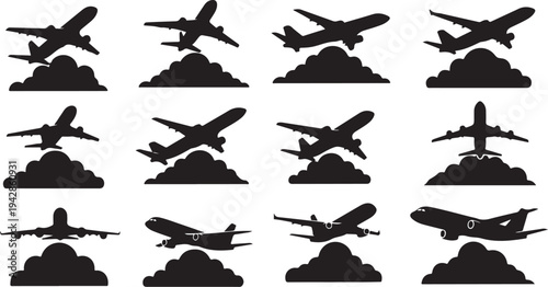 Airplane Silhouettes Flying Through Clouds in the Sky