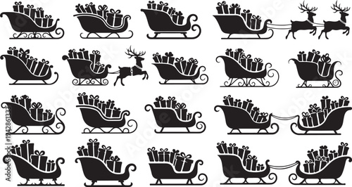 Black and white Christmas sleighs with people and reindeer