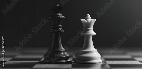 Two chess pieces, king and queen, stand facing each other on a board
