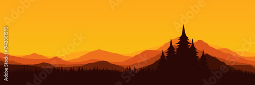 Wide screen nature banner featuring coniferous forest and warm sky copy space