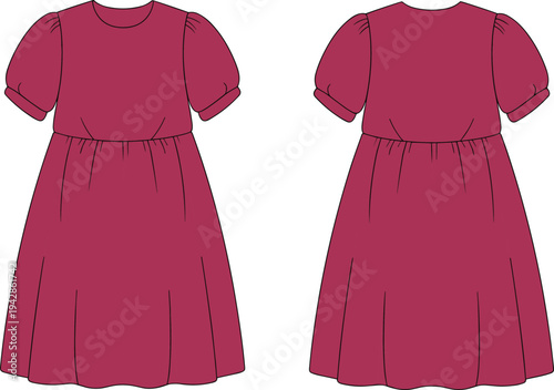 Women's casual mini dress technical fashion sketch with puff sleeves, elasticated waistline, and gathered skirt for design templates and concepts.