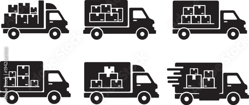 Delivery trucks with city skyline graphics in motion sequence
