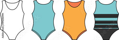 Women's one-piece swimsuit technical fashion sketch, featuring a scoop neckline and tank straps, perfect for swimwear design templates and concepts.