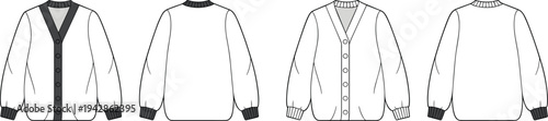 Women's and Men's classic cardigan fashion flat technical sketch with v-neckline, front buttons, and ribbed cuffs for apparel design templates.