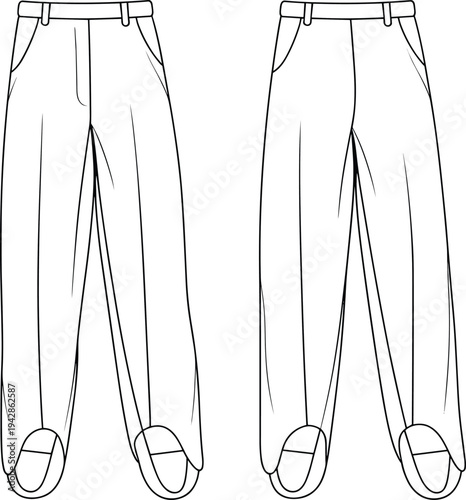 Women's fashion flat technical sketch of stirrup pants with a high waist, front pleats, and side pockets, perfect for design templates.