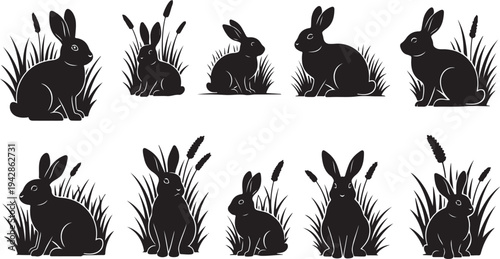 Set of rabbit silhouettes in grassy field illustrations