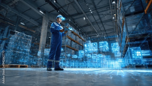 A worker in a warehouse uses augmented reality technology to visualize data overlays