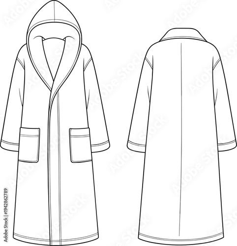 Fashion technical sketch of a hooded bathrobe with long sleeves and front pockets, ideal for loungewear design and template creation.