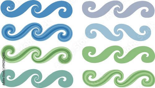 A collection of eight wavy lines in blue and green hues