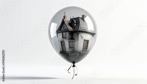 A whimsical 3D illustration of a miniature house floating inside a clear balloon on a white background