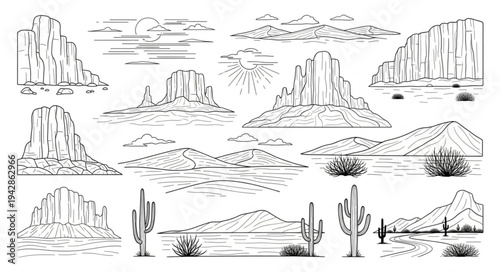 Desert landscape with mountains and cacti, hand drawn sketch style.