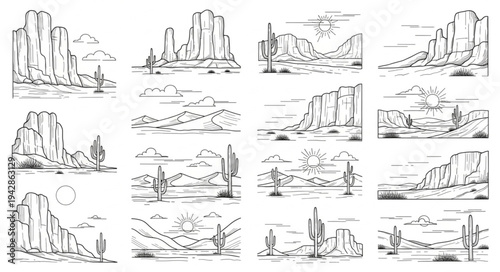 Desert landscape sketches with mountains and cacti, hand drawn illustrations.