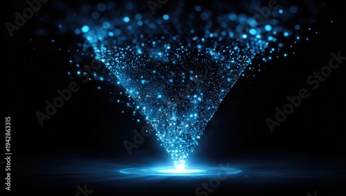 Swirling blue particles form a glowing vortex against a dark background
