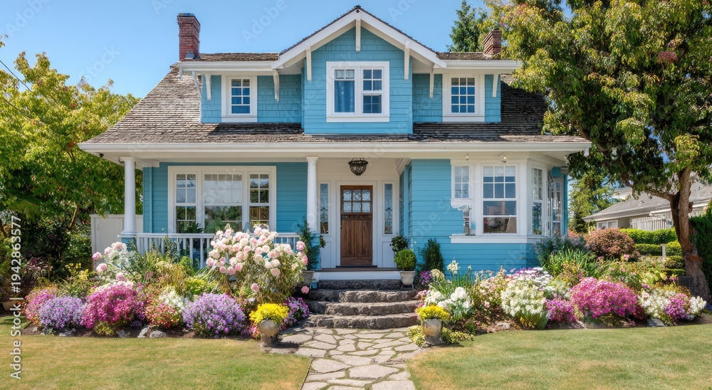 Fototapeta premium Charming blue home with vibrant garden and stone path