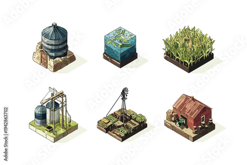 agriculture tiles collection isometric isolated