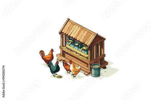 Chicken Coop with Hens and Feed isometric isolated