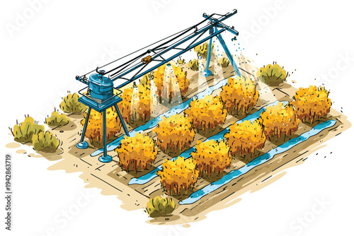Crop Rows with Irrigation System isometric isolated