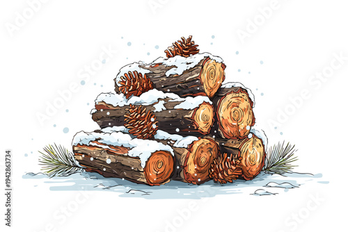 Firewood Bundle with Snow and Pinecones isolated