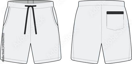 Men's classic drawstring shorts technical drawing, front and back views, vector illustration for casual apparel design and flat sketch template.