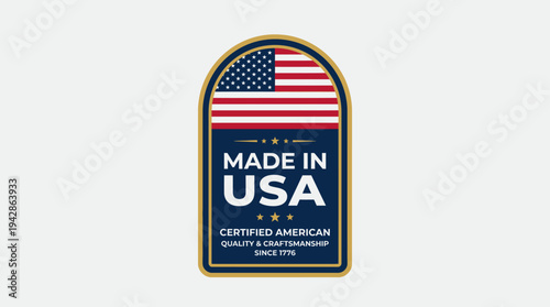 Arch-shaped label prominently displays the patriotic "Made in USA" certification seal against a neutral backdrop.